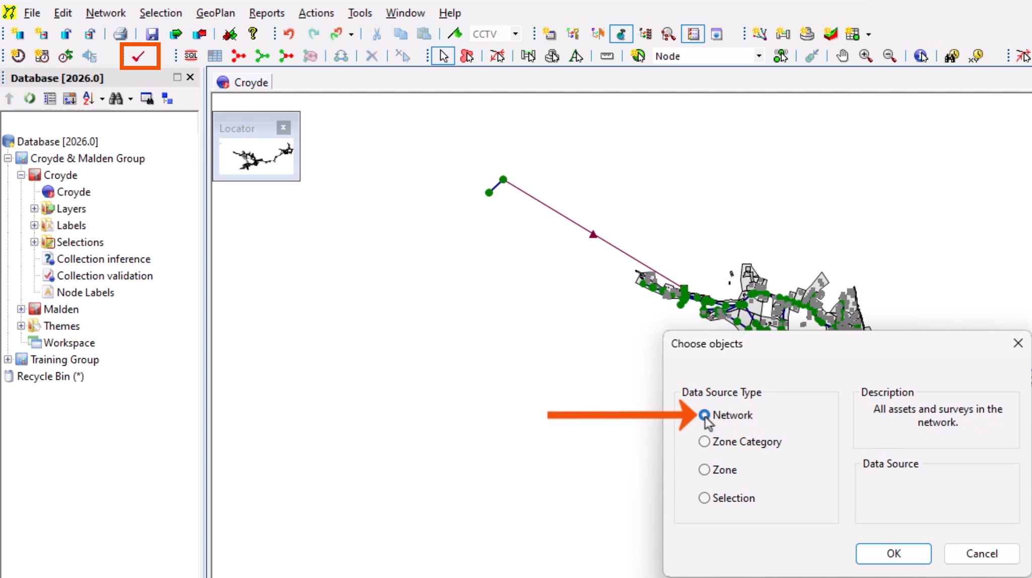 On the Validation toolbar, the Validate icon highlighted in red, and in the Choose objects dialog, the Data Source Type set to Network and called out with a red arrow.