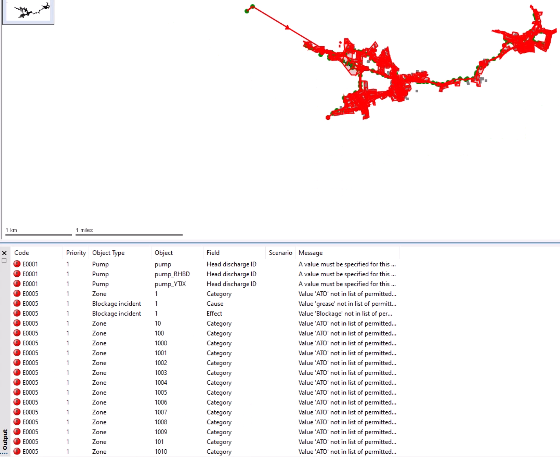 On the GeoPlan, validation errors displayed in red, and in the Output window, a list of validation failures.