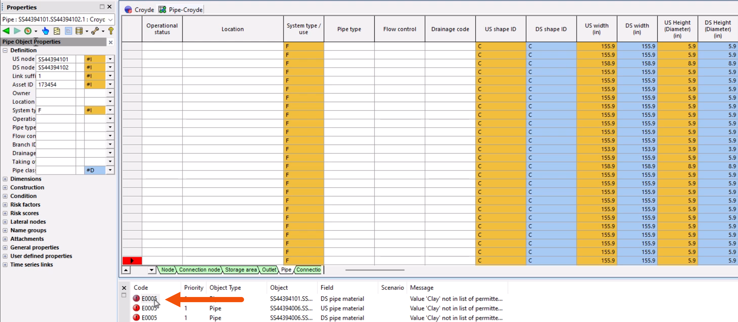 In the Output window, the first error code being double-clicked and called out with a red arrow, and in the main window, the open survey window grid.