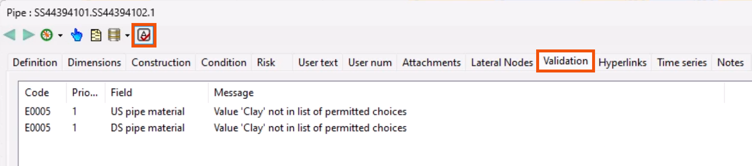 On the property sheet, Validate as you type highlighted in red on the toolbar, with the Validation tab active and highlighted in red.