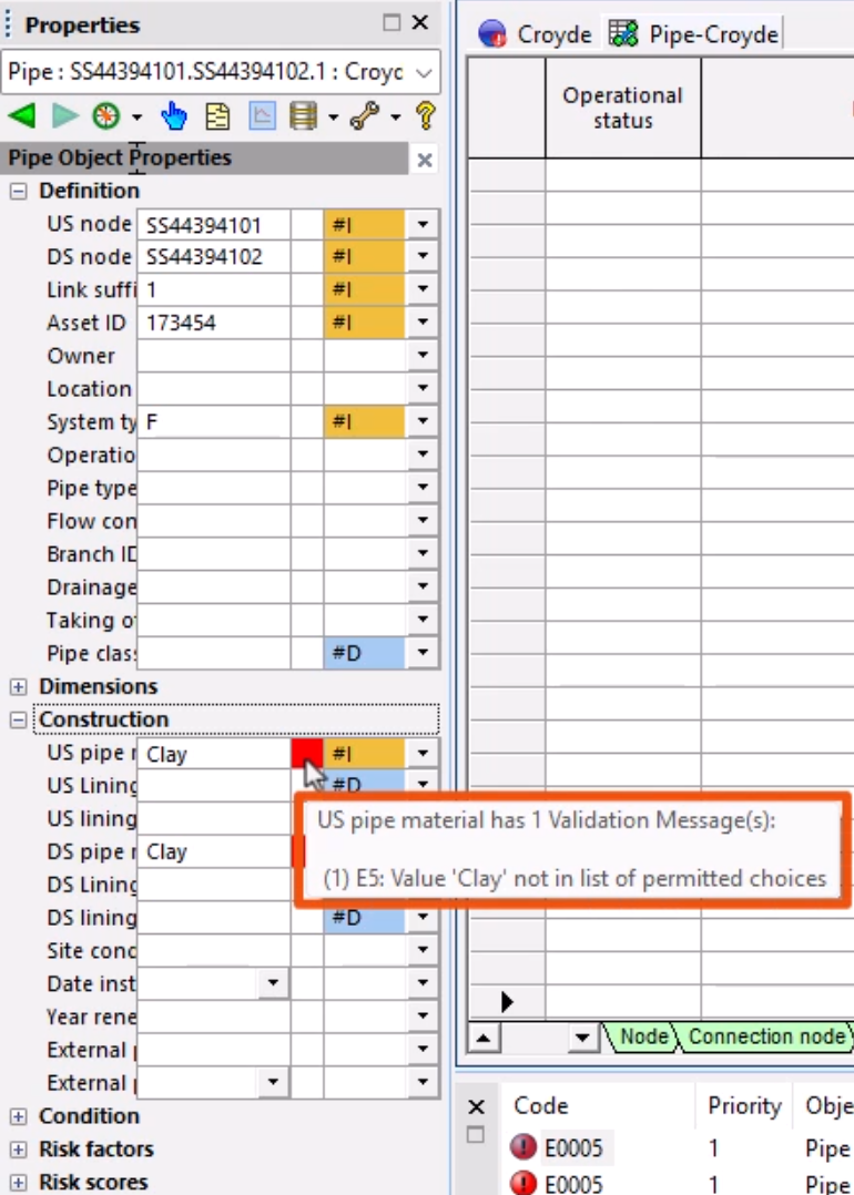 In the Object Properties window, the cursor hovering over a validation icon, and in the displayed tooltip, details about the validation error.