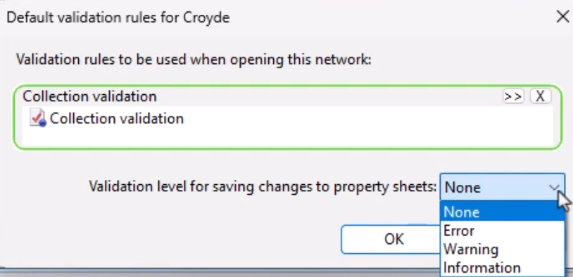The Default validation rules dialog, with validation rules added and the Validation level for saving changes to property sheets being selected.