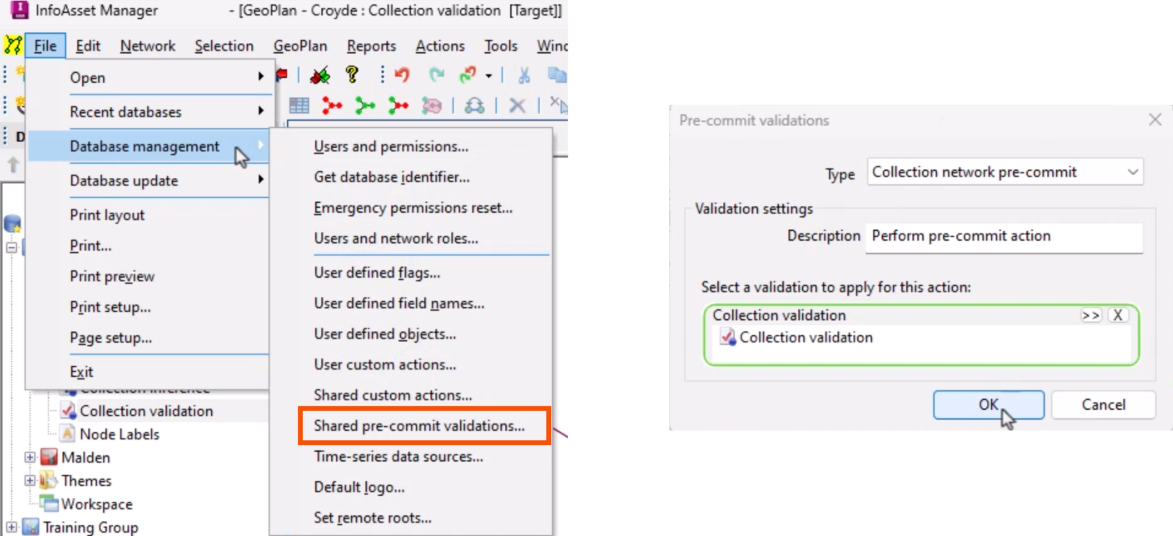 On the left, the File menu expanded with Database management selected, and in the flyout, Shared pre-commit validations highlighted in red. On the right, the Pre-commit validations dialog, with settings configured and OK being selected.