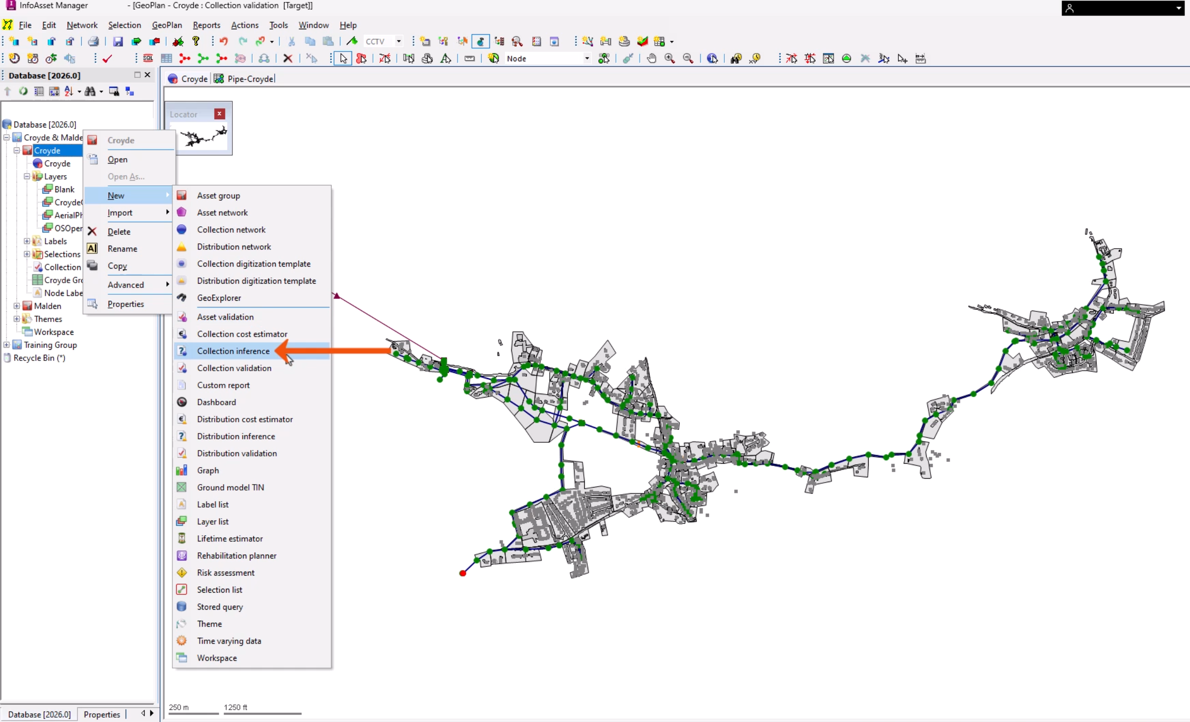 In the InfoAsset Manager interface, from the Explorer, the context menu for the Asset Group expanded with New selected, and in the flyout, Collection Inference selected and called out with a red arrow.