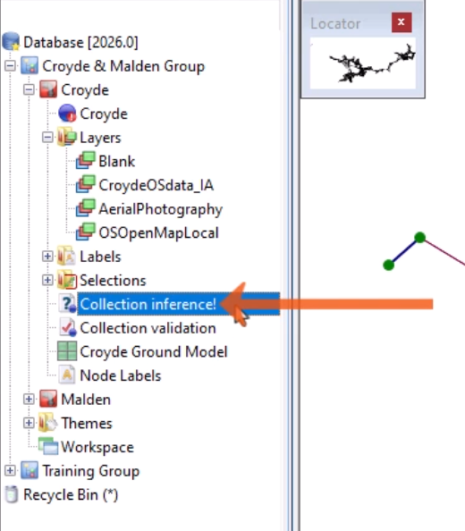 In the Explorer, the new inference object being double-clicked and called out with a red arrow.