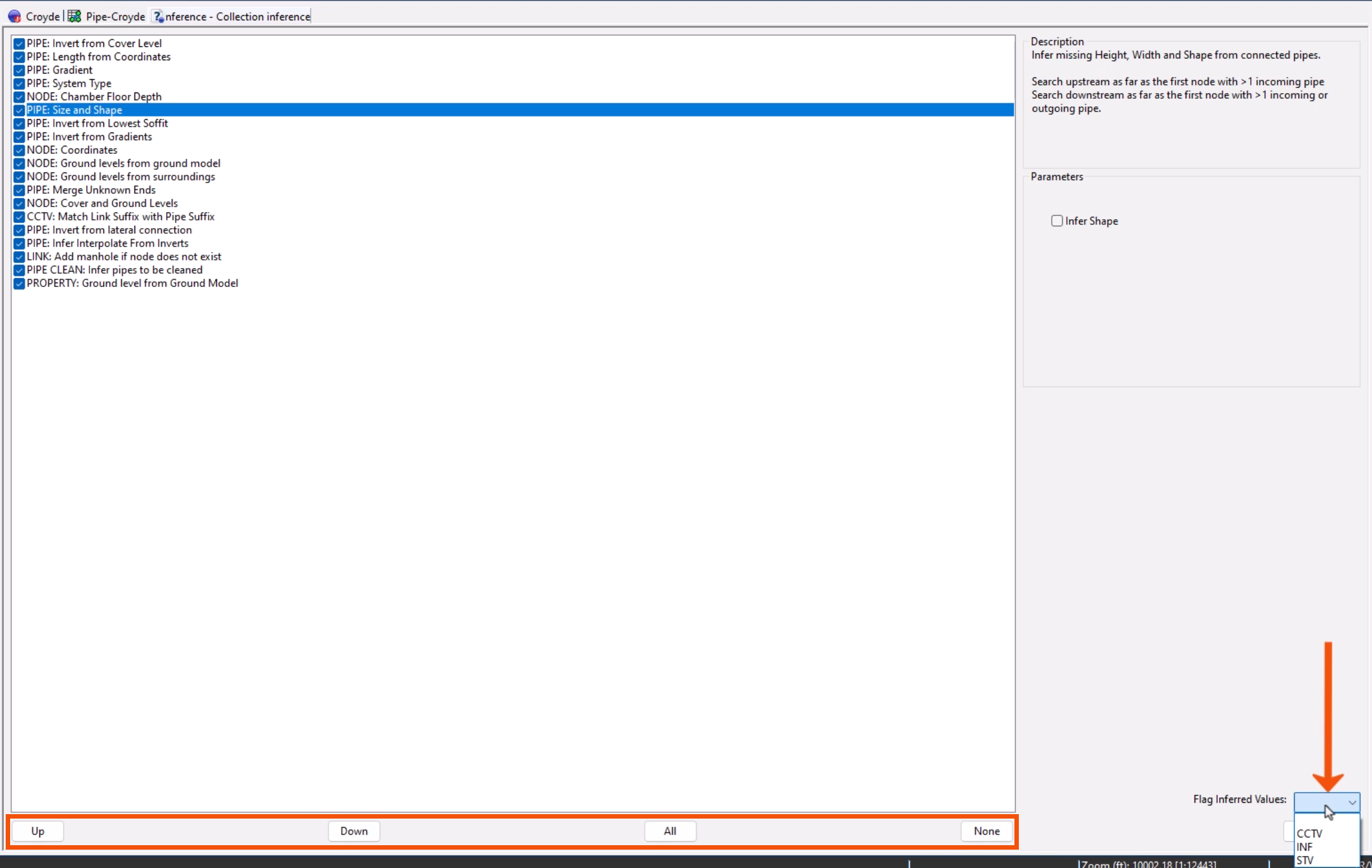 In the Inference Data Editor, a description displayed for the selected rule, the buttons for Up, Down, All, and None highlighted in red; and the Flag Inferred Values drop-down expanded and called out with a red arrow.