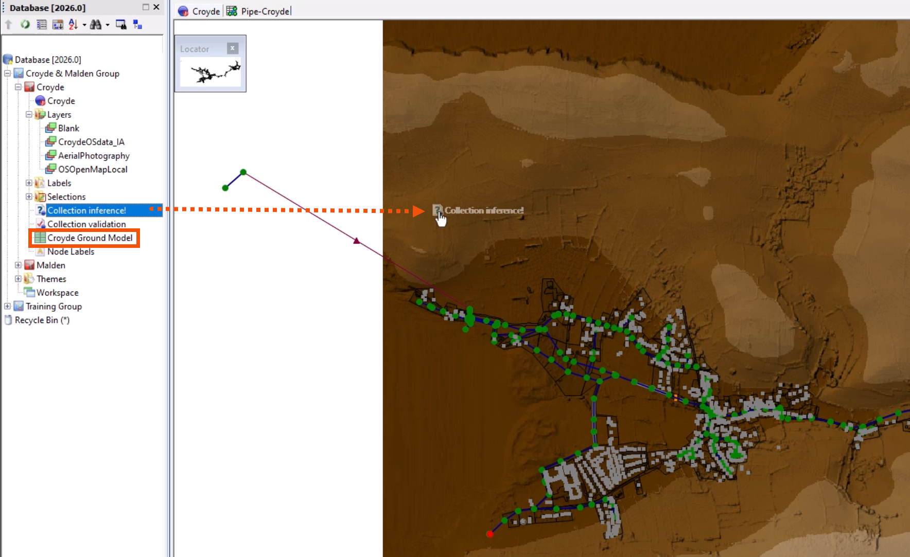 With the ground model applied to the GeoPlan and highlighted in red, the inference object being dragged from the Explorer and dropped onto the GeoPlan, indicated by a red dotted line.