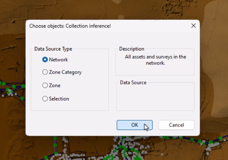 In the Choose objects dialog, Network selected as the Data Source Type and OK being selected.