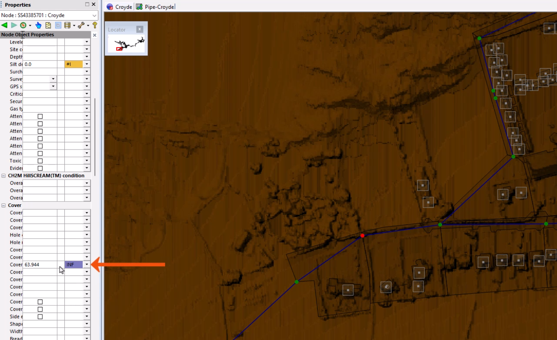 In a zoomed-in view of the GeoPlan, a network object selected and highlighted in red, and in Properties, the missing value for the object now visible, with the INF flag set.