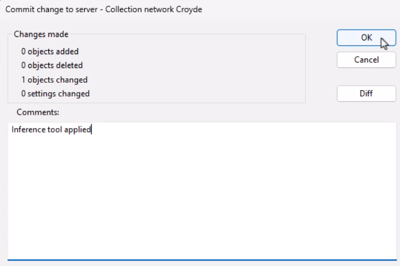 In the Commit change to server dialog, a comment entered and OK being clicked.