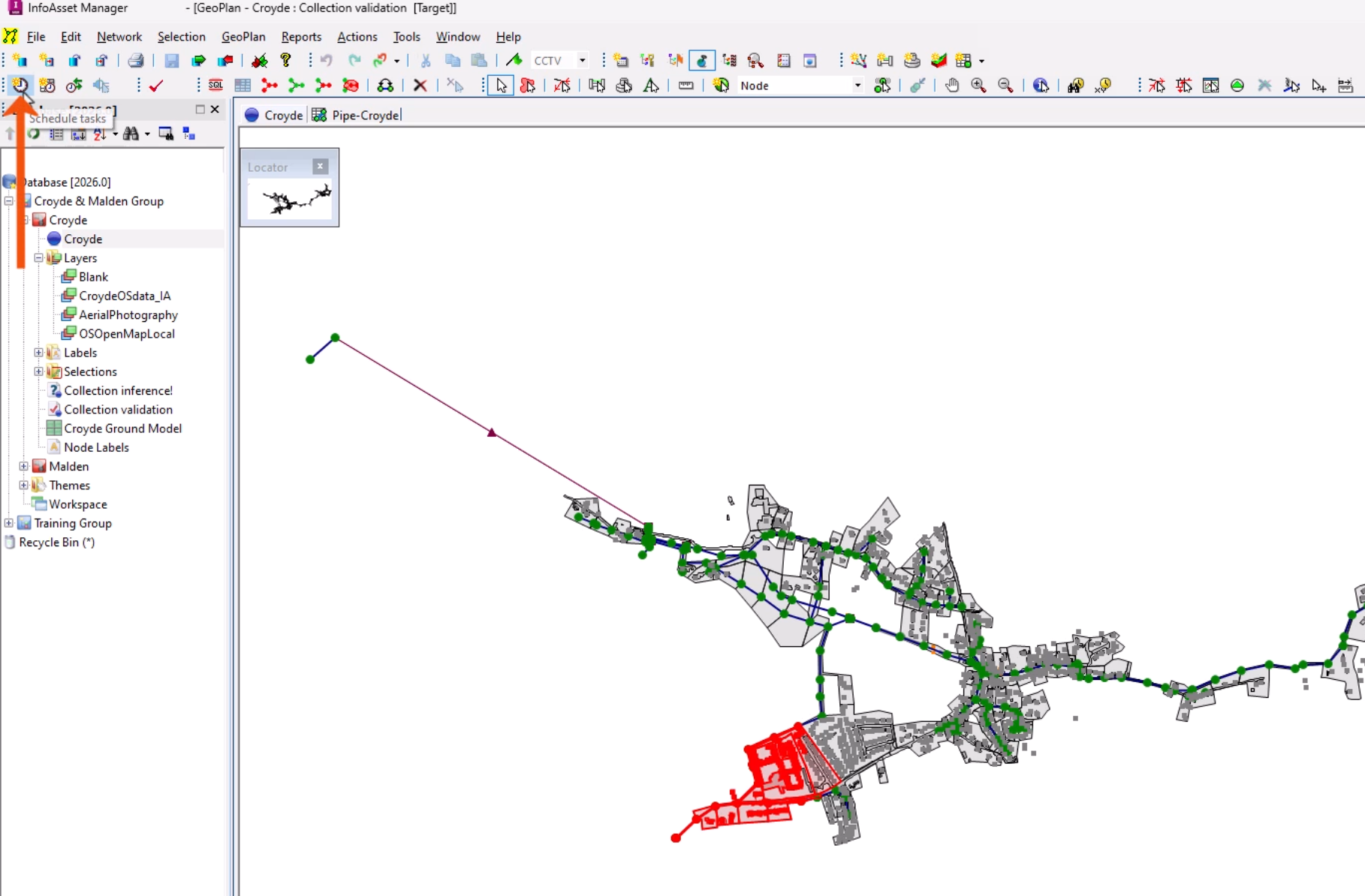 In the InfoAsset Manager interface, a group of assets selected and highlighted in red on the GeoPlan, and on the Scheduling Tools toolbar, Schedule tasks being clicked and called out with a red arrow.