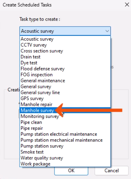 In the Create Scheduled Tasks dialog, under Task type to create, Manhole survey being selected in the drop-down and called out with a red arrow.