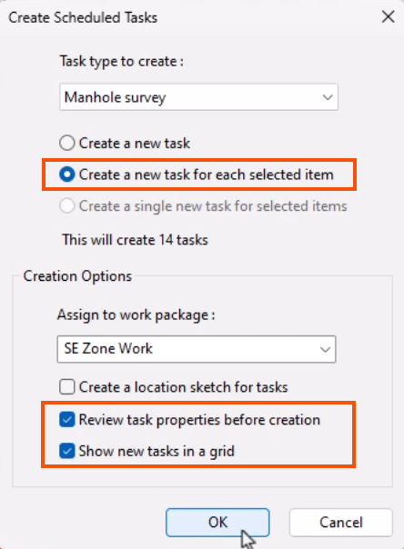 In the Create Scheduled Tasks dialog, all options configured for this example and highlighted in red, with OK being clicked.