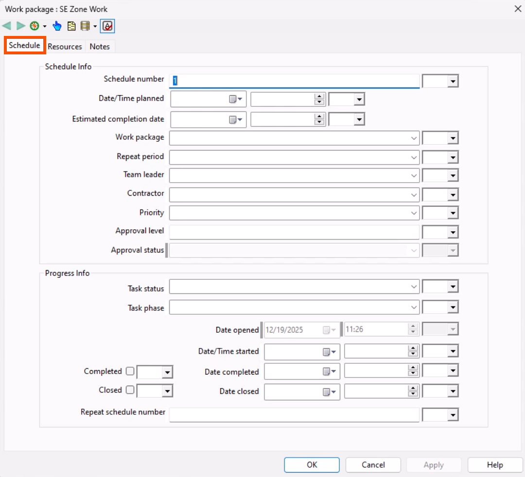 The property sheet for the work package, with the Schedule tab highlighted in red.