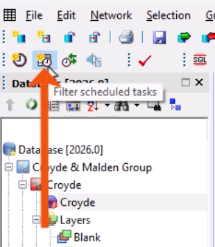In a zoomed-in view of the Scheduling Tools toolbar, Filter scheduled tasks being clicked and highlighted in red.