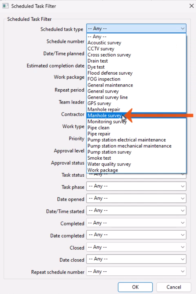 In the Scheduled Task Filter dialog, the Scheduled task type drop-down expanded, with Manhole survey being selected and called out with a red arrow.