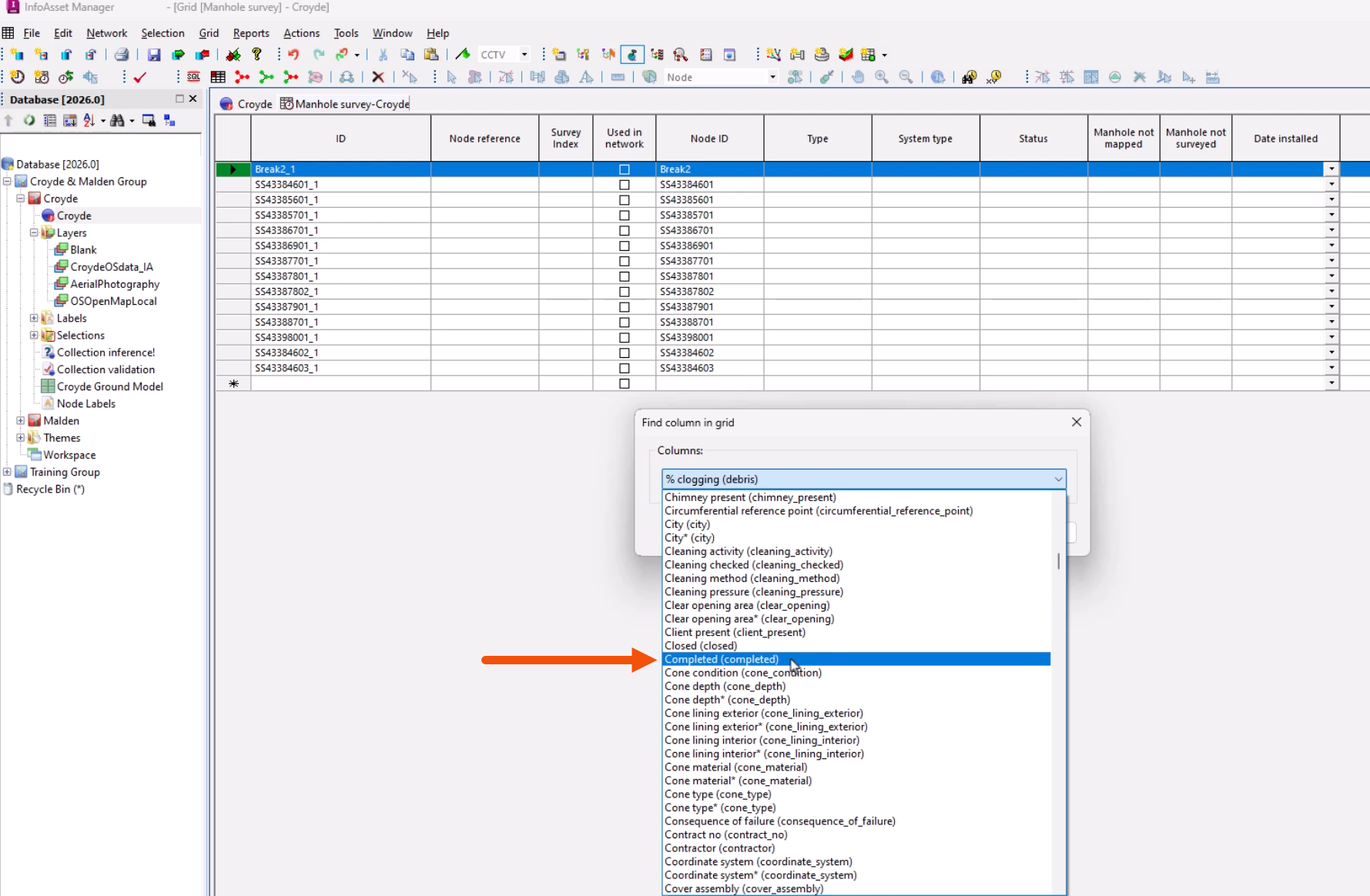 In the InfoAsset Manager interface, a grid window is open in the background. In front is the Find column in grid popup, with the Columns drop-down expanded and Completed being selected.