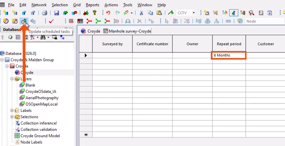 In the grid window, the Repeat period set to 6 Months and the Update scheduled tasks tool selected on the Scheduling tools toolbar.