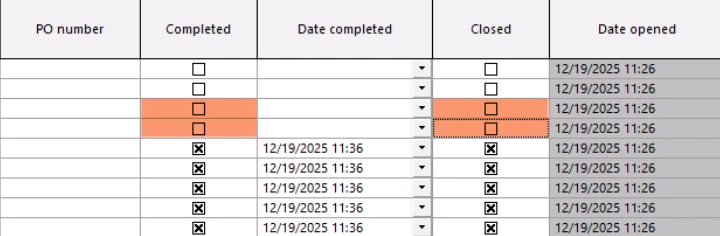In the grid window, the Completed and Closed fields for two tasks deselected.