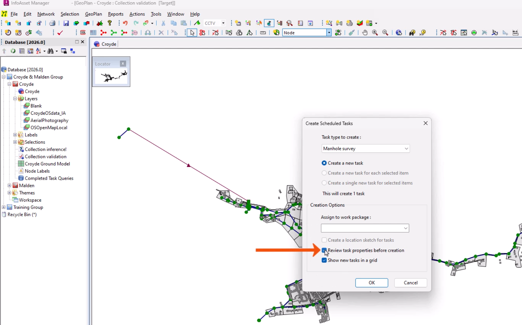 In the InfoAsset Manager interface, a network is displayed on the GeoPlan; and in the Create Scheduled Tasks dialog, under Creation Options, the Review tasks properties before creation option is called out with a red arrow.