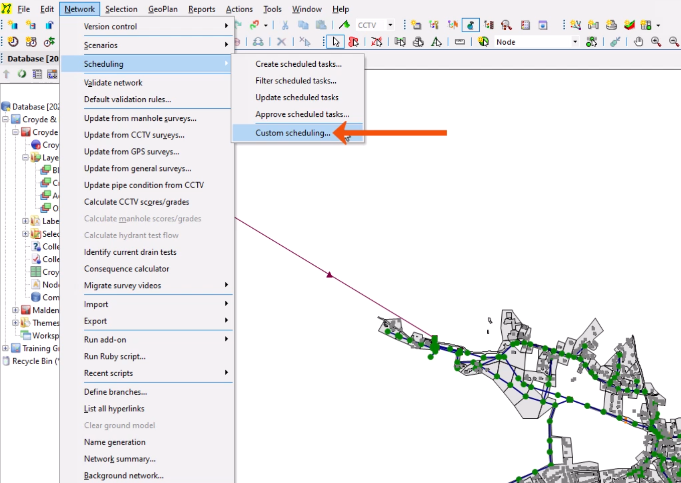 In the expanded Network menu, Scheduling selected, and in the flyout, Custom scheduling being selected and called out with a red arrow.