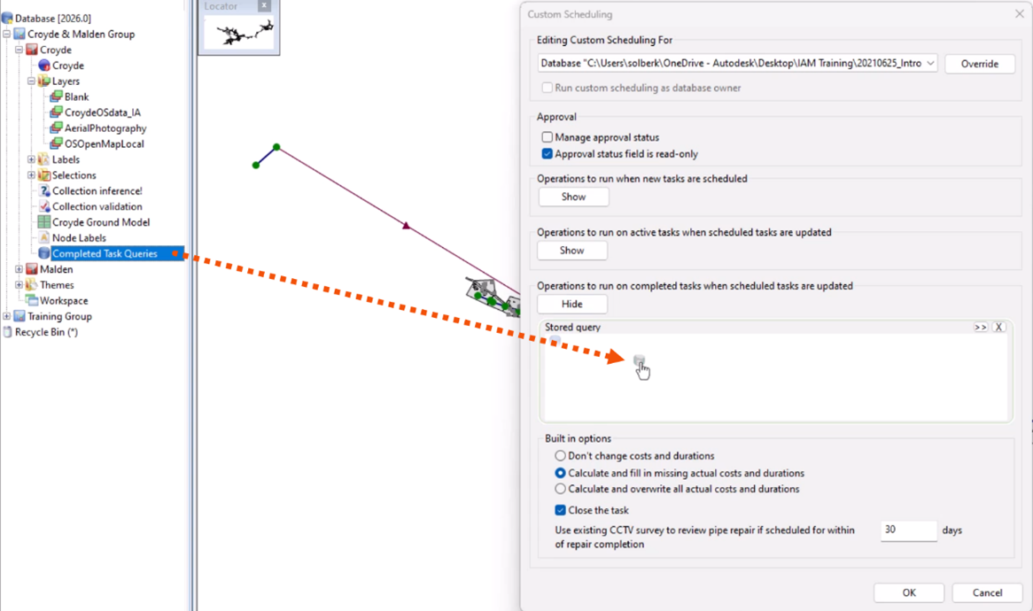 From the Explorer window, a dotted red line shows the path of a query being dragged into the Custom Scheduling dialog and dropped into the Stored query box.