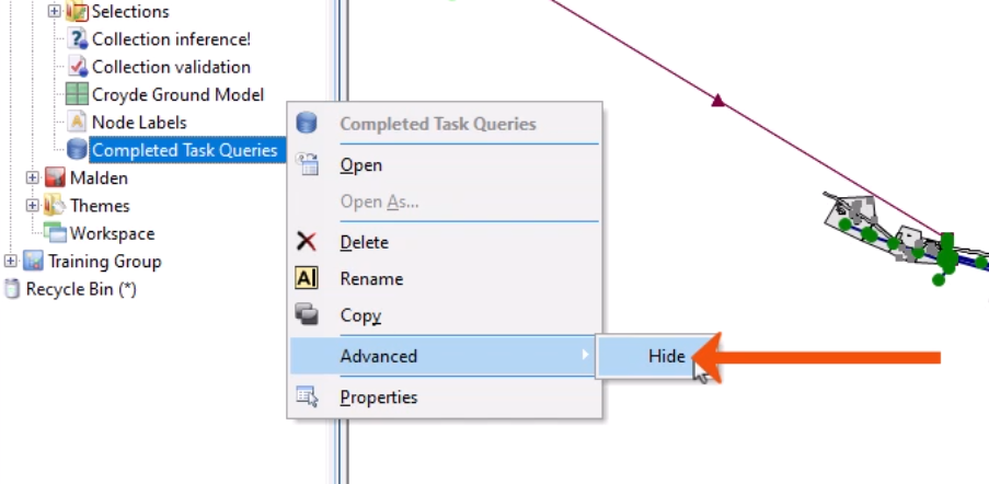 From the Explorer, the expanded context menu for the query is open with Advanced selected, and in the flyout, Hide is being selected and is called out with a red arrow.