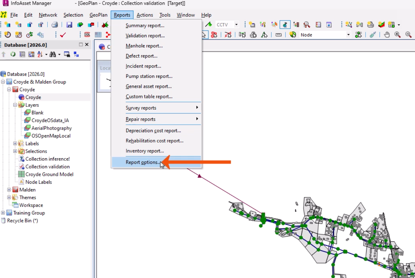 In the InfoAsset Manager interface, on the expanded Reports menu, a list of available reports, with Reports options being selected and called out with a red arrow.