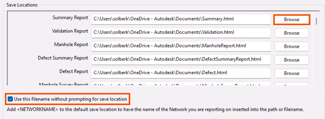In the Save Locations group, Browse highlighted in red next to the default path of the Summary Report, and the option to bypass prompting for a save location selected and highlighted in red.