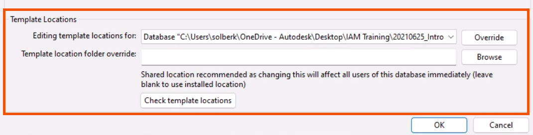 In the Report Options dialog, the Template Locations group highlighted in red.