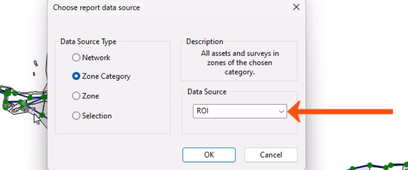 In the Choose report data source dialog, with the Data Source Type set to Zone Category, the Data Source drop-down called out with a red arrow.