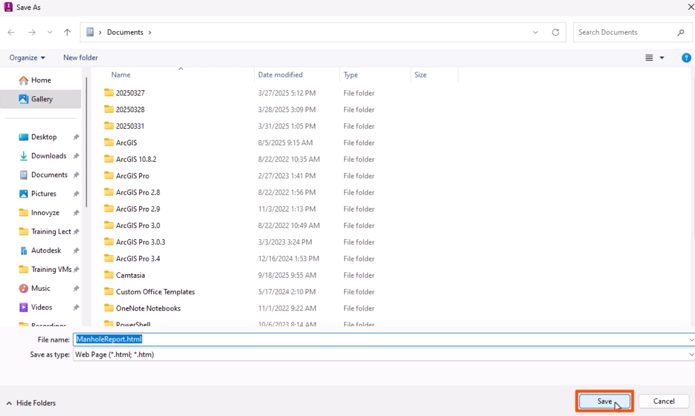 In the Save As dialog, the Save button being clicked and highlighted in red.