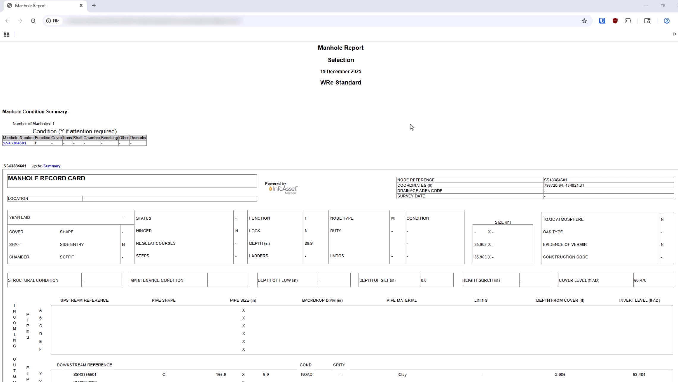 A sample Manhole Report.