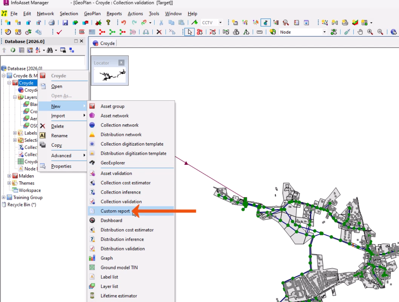 The top-left corner of the InfoAsset Manager interface, with a network open in the GeoPlan and in the Explorer, the context menu for an Asset Group is expanded with New selected, and in the flyout, Custom report is being selected and is called out with a red arrow.
