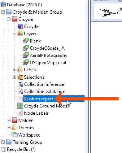 In the InfoAsset Manager Explorer, the custom report object is being selected and is called out with a red arrow.