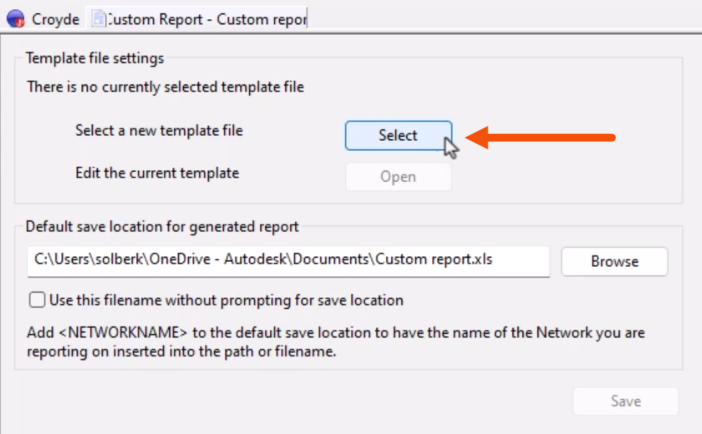 In the Custom Report dialog, in the Template file settings group, adjacent to Select a new template file, the Select button is being clicked and is called out with a red arrow.