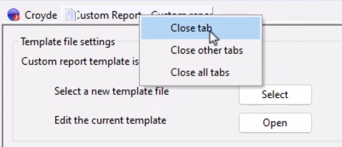 In the context menu for the Custom Report tab, the Close tab option is being selected.