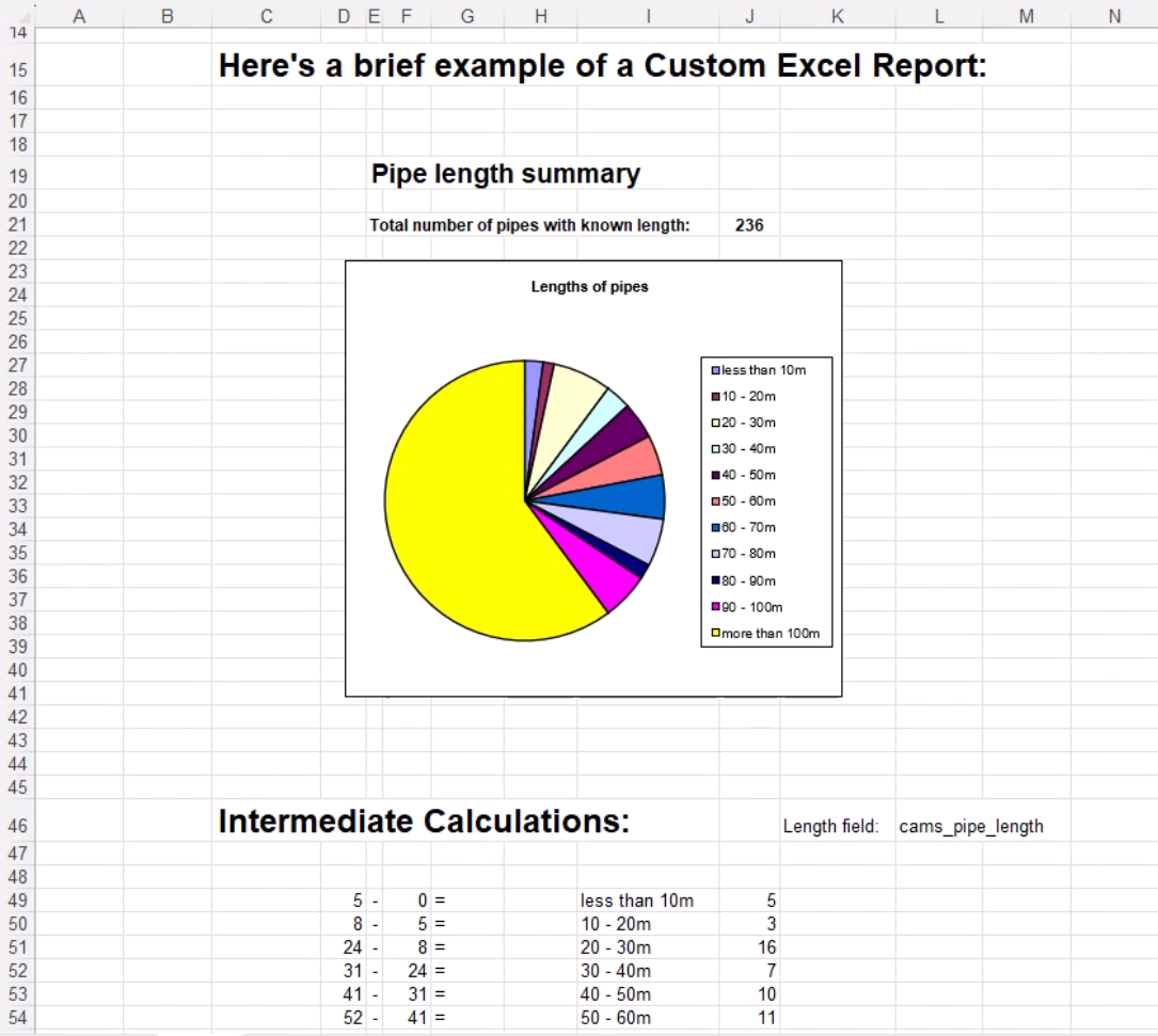 An example of a Custom Report open in Excel, which shows the title at the top, a pie graph of pipe lengths in the center, and a table of intermediate calculations at the bottom.