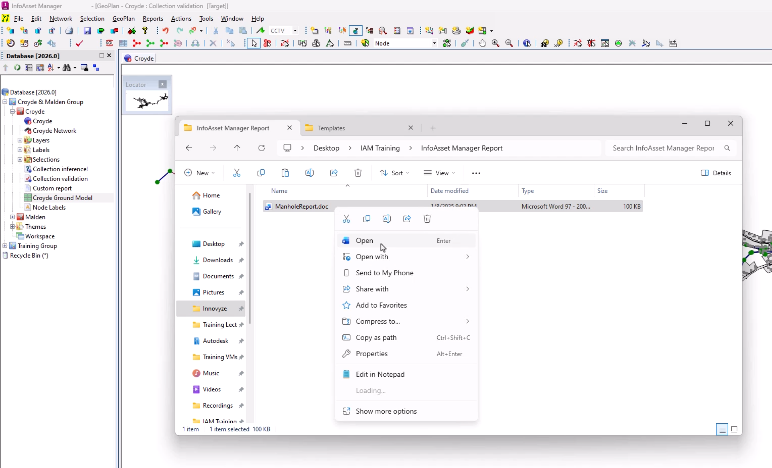 In the background, the InfoAsset Manager interface. In front, in a browser window is the expanded context menu for a copy of ManholeReport.doc, with Open being selected.