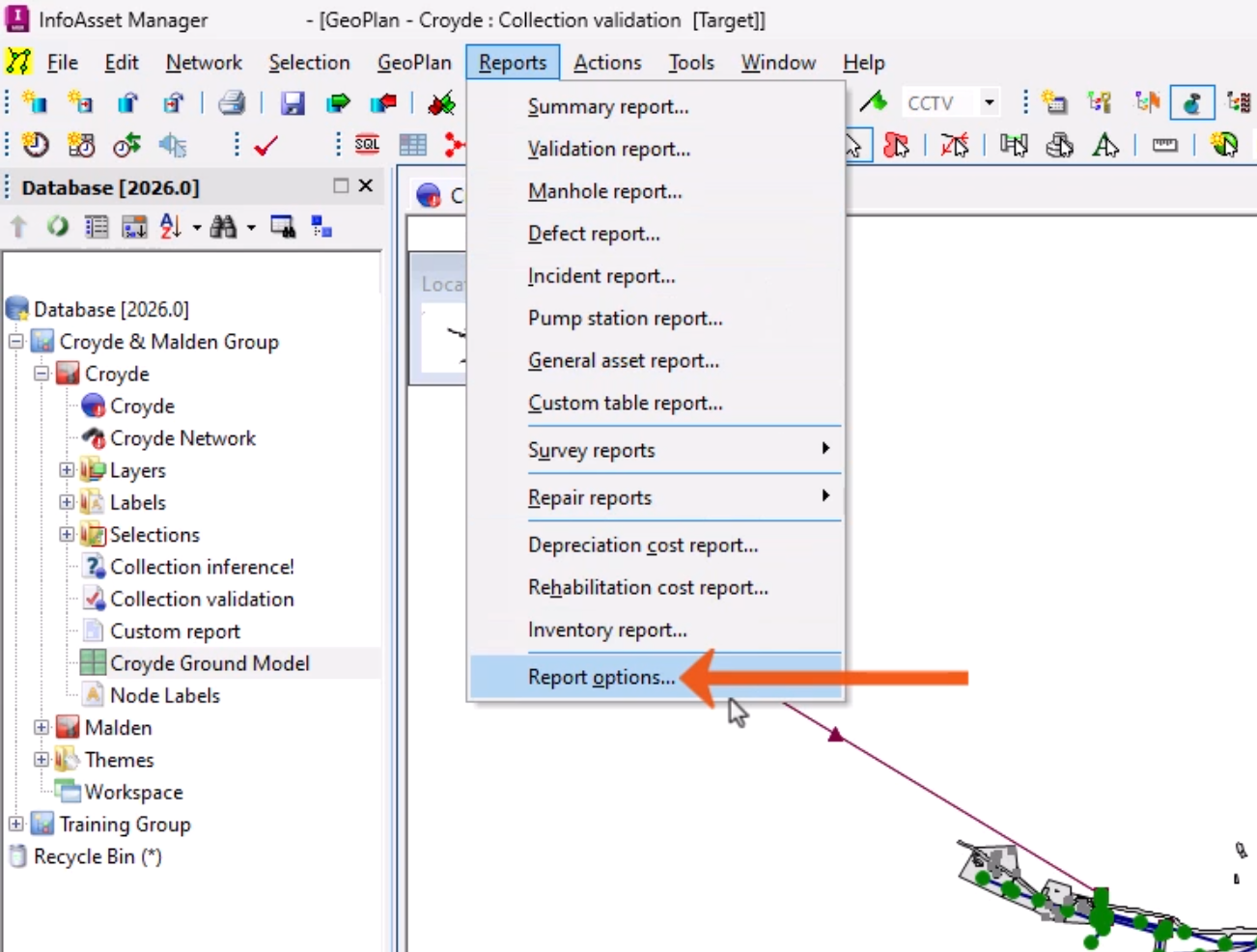 In InfoAsset Manager, the Reports menu is expanded with Report options selected and called out with a red arrow.