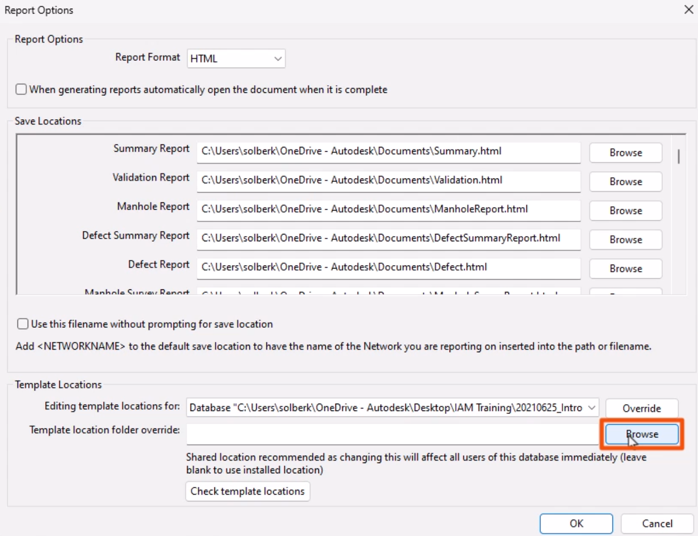 In the Report Options dialog, in the Template Locations group, next to Template location folder override, Browse is being clicked and is highlighted in red.