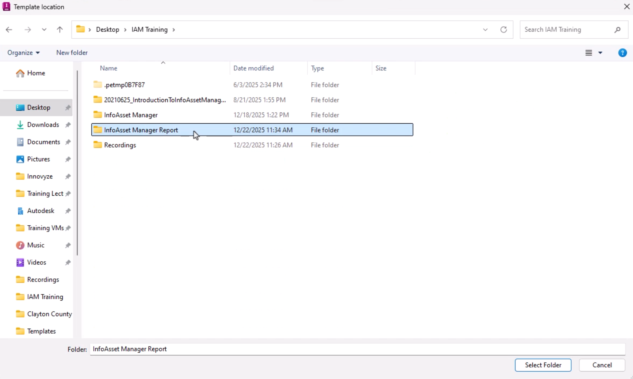 In the Template location dialog, the folder for the new template is being selected.