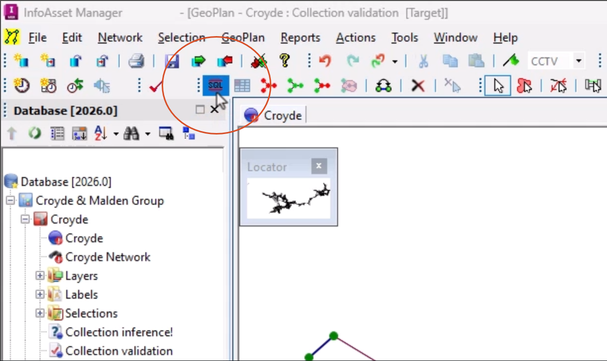 The top-left corner of the InfoAsset Manager interface, with the SQL Select tool highlighted as being selected.