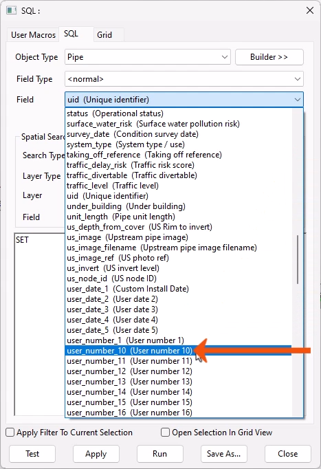 The SQL dialog, with the Object Type already set to Pipe and the Field drop-down expanded, with the desired field highlighted as being selected.