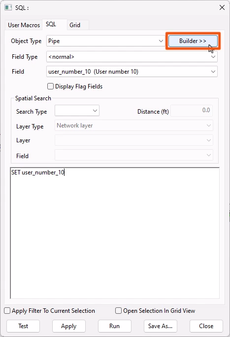 The SQL dialog, with the Builder button highlighted for selection.