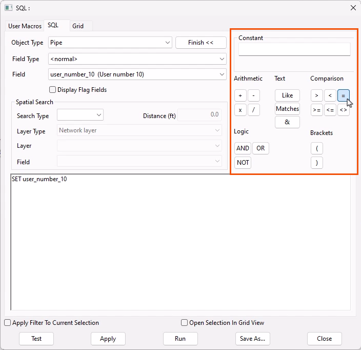 The SQL dialog with the expanded Builder tools showing, and the equals tool being selected in the Comparison group.