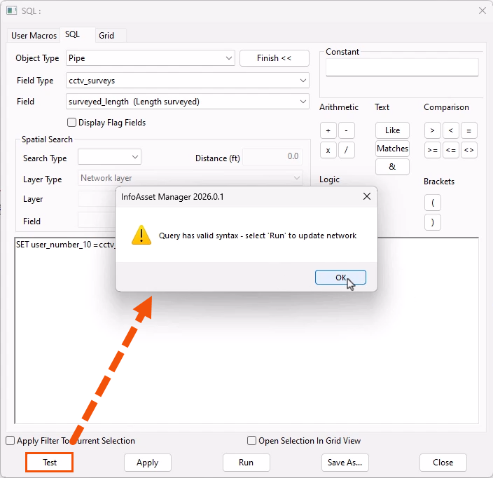 The SQL dialog in the background, with a popup message stating that the query has valid syntax after the Test button was clicked.