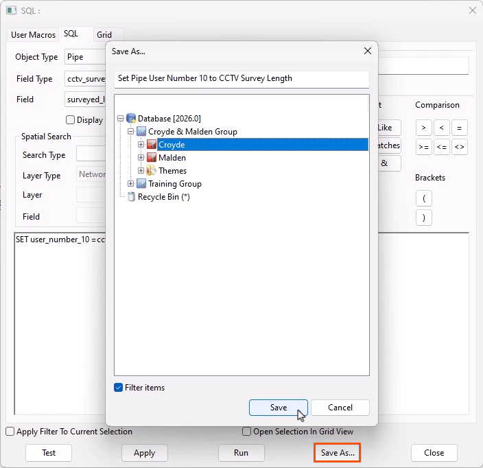 The SQL dialog with the Save As button highlighted and the Save As dialog displayed.