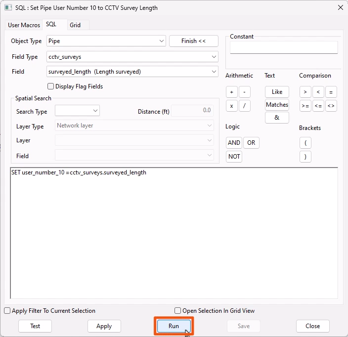 The expanded SQL dialog with the completed query and the Run button highlighted.