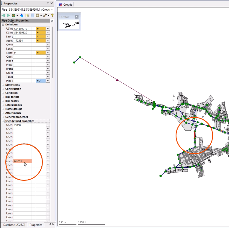 The Properties panel and GeoPlan showing the selected pipe and its queried property highlighted.